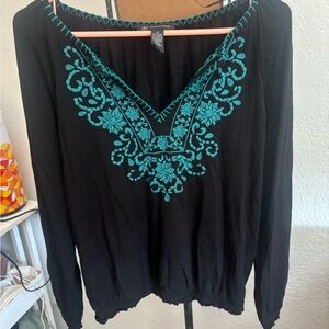 INC International Concepts Black Top with Teal Embroidery